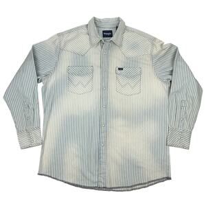 Wrangler Cowboy Cut Striped Western Shirt Blue White Dye-Effect Distressed XL